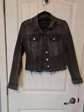 Express Charcoal Gray Distressed Denim Jacket
